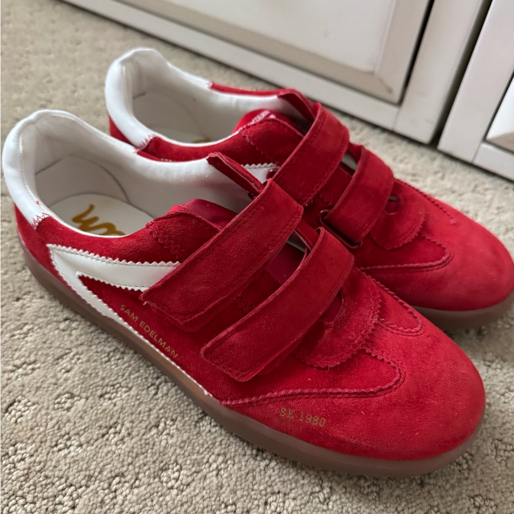Sam Edelman Talia Red Suede Velcro Sneakers with White Accent